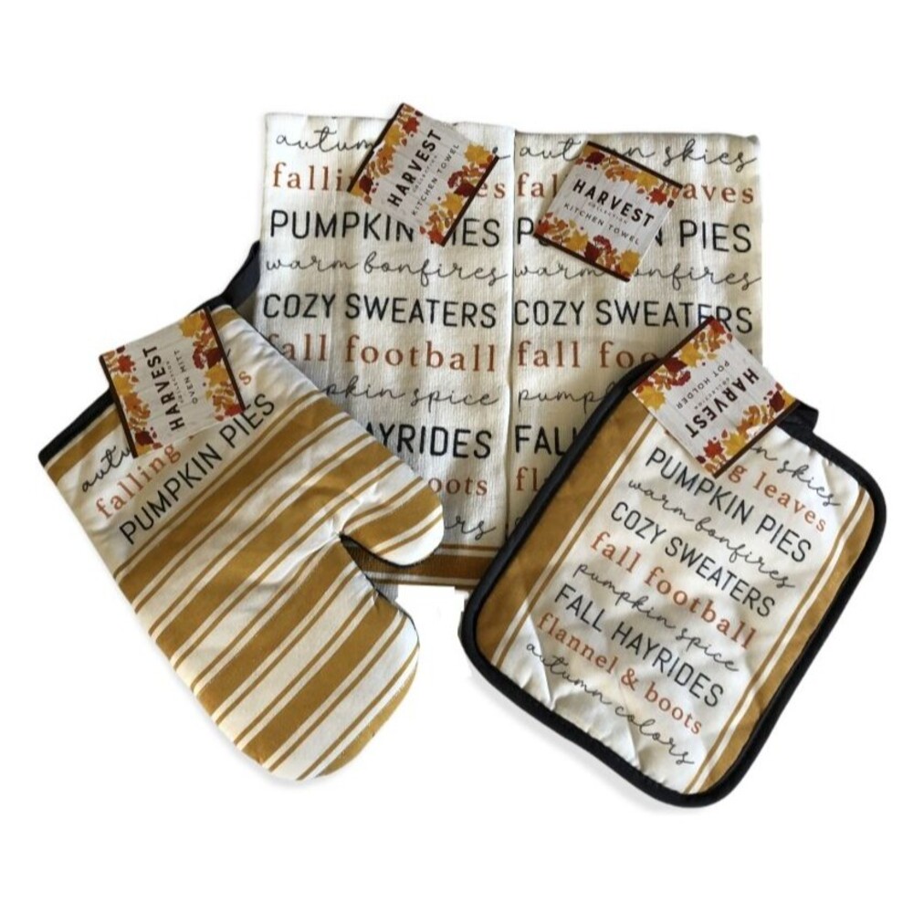 Pumpkin Pie Thanksgiving Kitchen Towels Oven Mitt Potholder Set 4 Cozy Sweaters